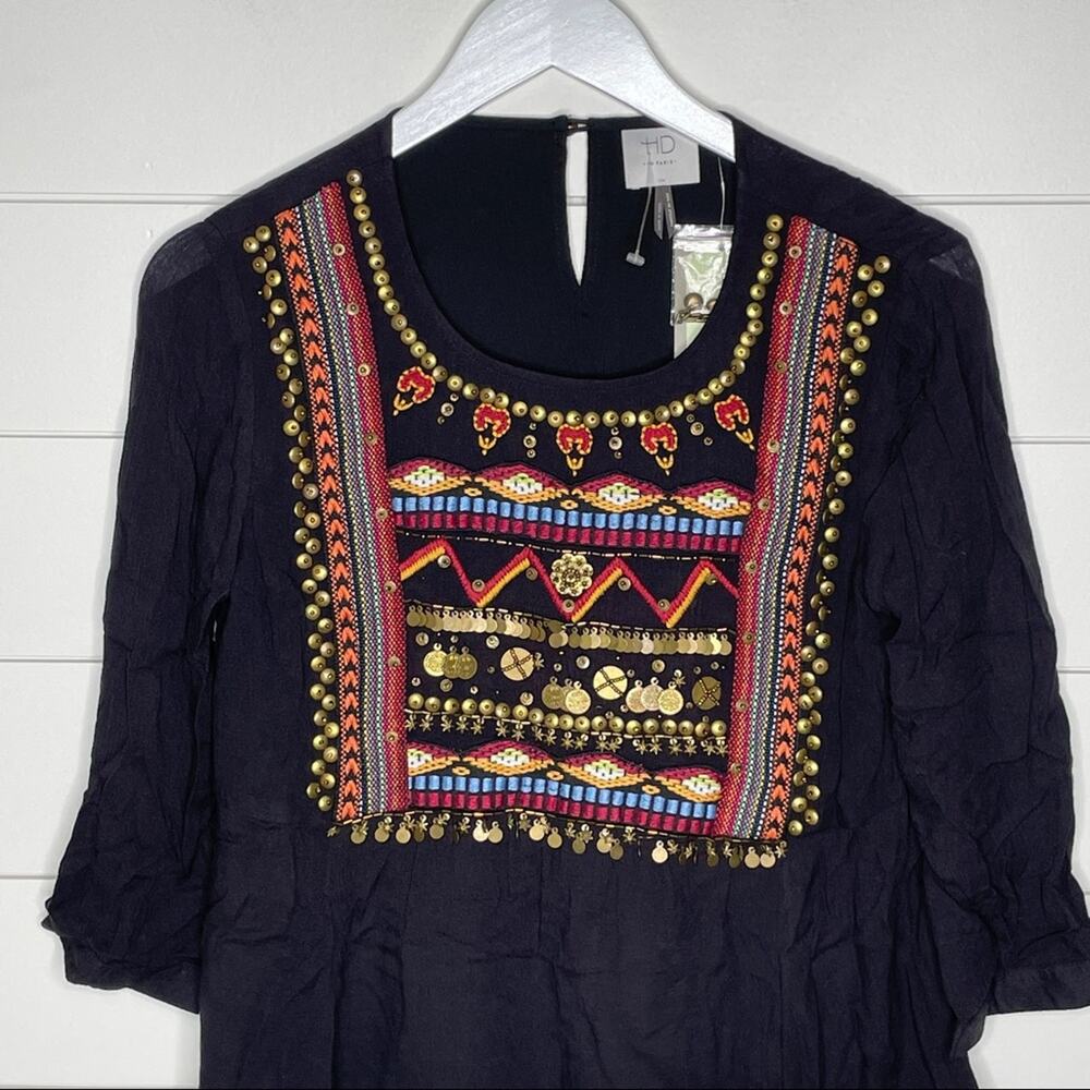 HD In Paris Ari Embellished Embroidered Boho Peasant Tunic Top Black Size 4 - Picture 3 of 11